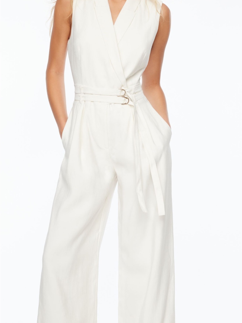 Sleeveless White Wrap Linen Blend Jumpsuit with Double-Belt Waist